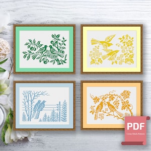 Set of 4 Seasons Birds Cross Stitch Pattern | Autumn Cross Stitch | Summer Cross Stitch | Modern Cross Stitch Pattern | Download PDF #ssn080