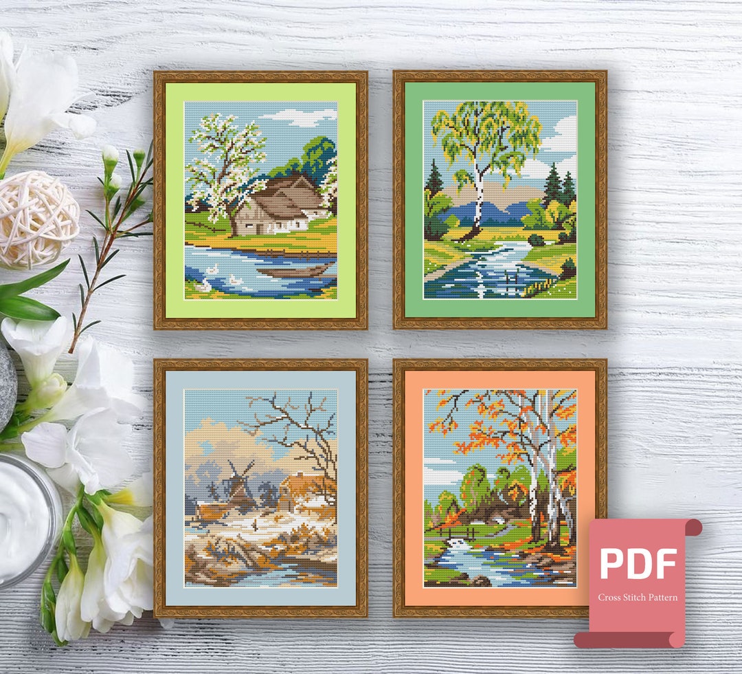 Set of 4 Seasons Landscape Cross Stitch Pattern Seasons Cross Stitch