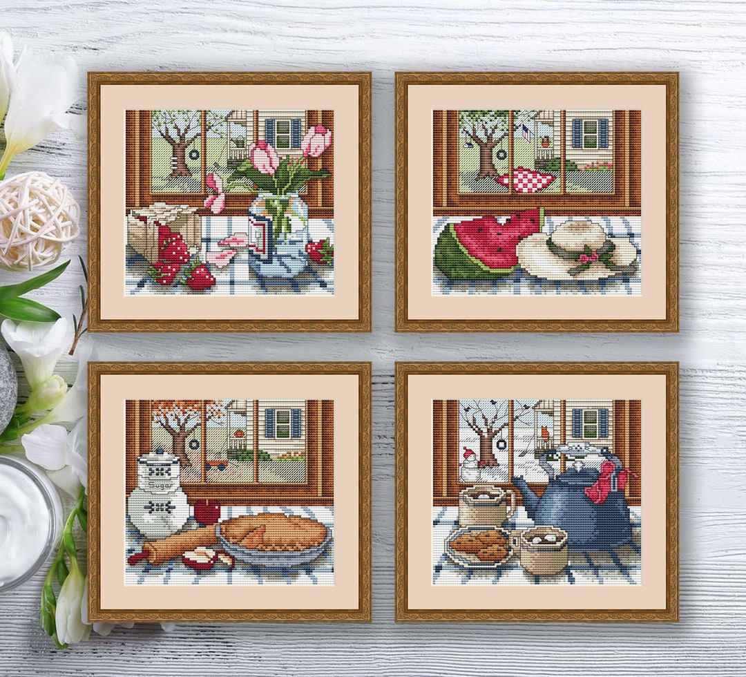 Set of 4 Seasons Cross Stitch Pattern Autumn Cross Stitch Summer Cross