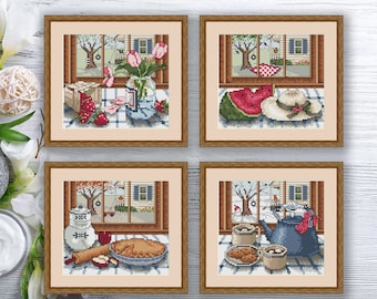 Set of 4 Seasons Cross Stitch Pattern | Autumn Cross Stitch | Summer Cross Stitch | Modern Cross Stitch Pattern | Download PDF #ssn010