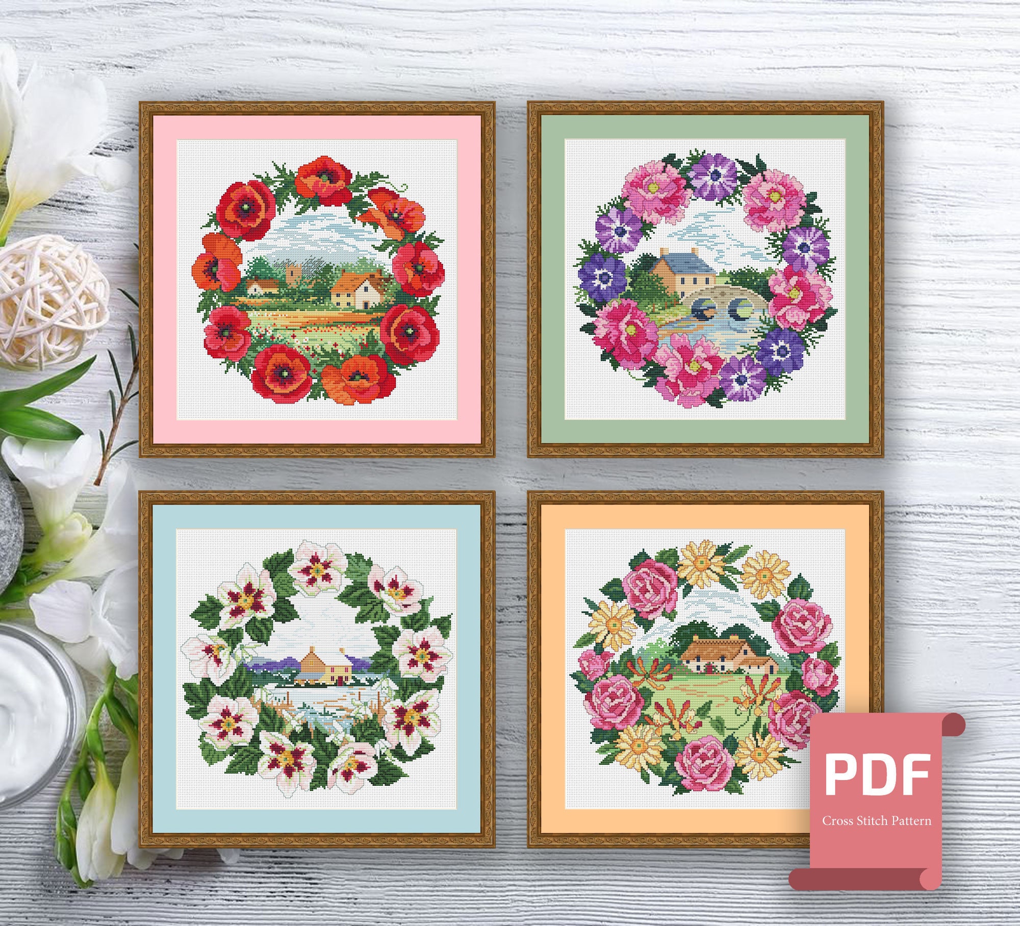 Set of 4 Seasons Cross Stitch Pattern | Autumn Cross Stitch | Summer ...