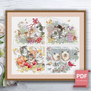 Kittens Four Seasons Cross Stitch Pattern | 4 Seasons Pattern | Animals Four Seasons Cross Stitch Pattern | Modern Cross Stitch #ssn225