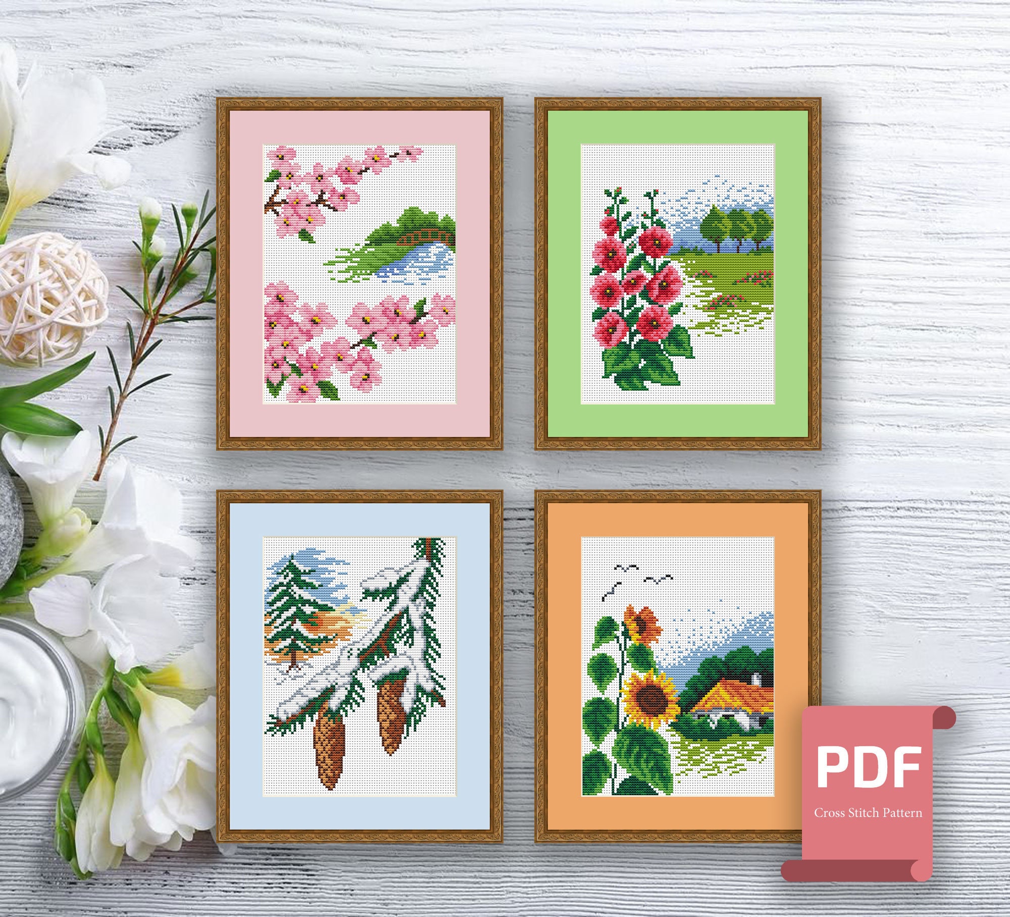 Set of 4 Seasons Cross Stitch Pattern | Autumn Cross Stitch | Summer ...