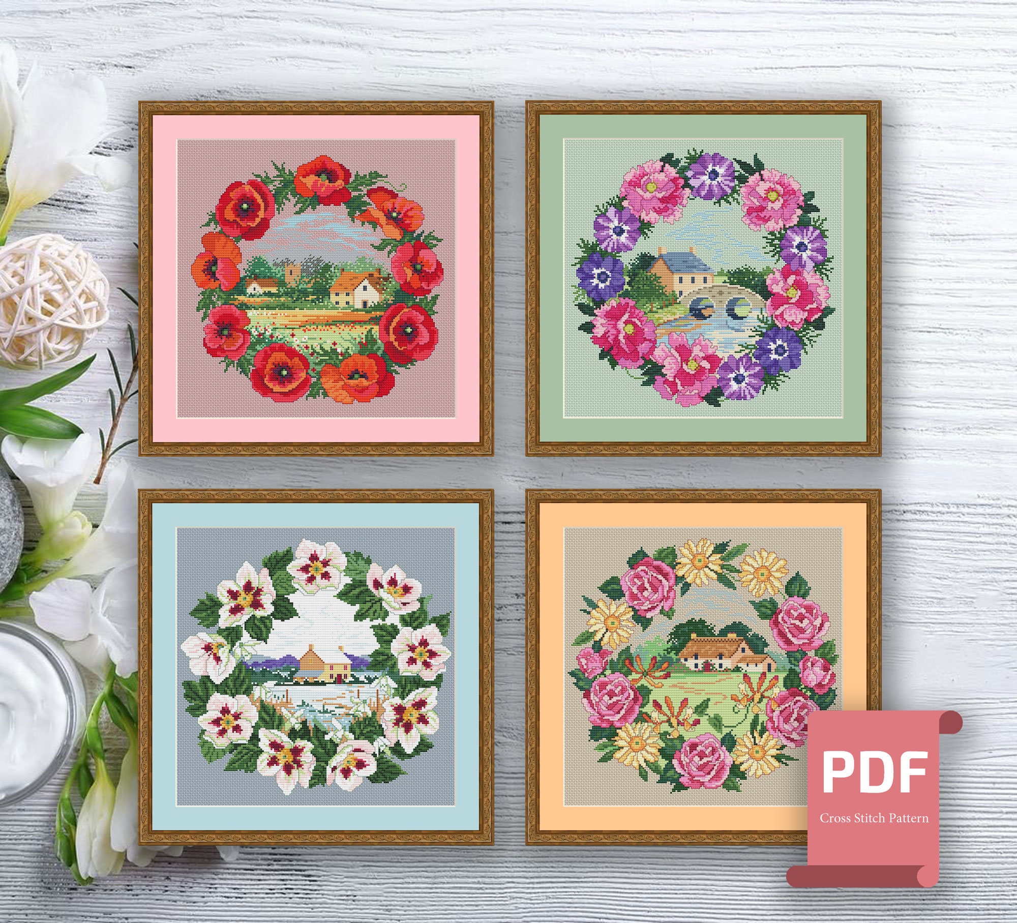 Set of 4 Seasons Cross Stitch Pattern Autumn Cross Stitch Summer Cross