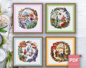 Set of 4 Seasons Cross Stitch Pattern | Seasons Cross Stitch Pattern | Four Seasons | Modern Cross Stitch Pattern | Download PDF #ssn045