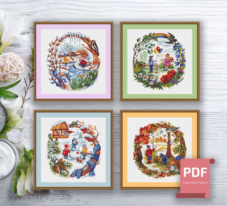 Set of 4 Seasons Cross Stitch Pattern Seasons Cross Stitch Etsy