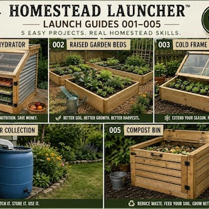 Peut inclure: Un guide Homestead Launcher présentant cinq projets : un déshydrateur solaire, des bacs de jardin surélevés, un châssis froid, un récupérateur d'eau de pluie et un composteur. Le texte inclut 'HOMESTEAD LAUNCHER', 'LAUNCH GUIDES 001-005' et 'BUILD IT LEARN IT LIVE IT'.