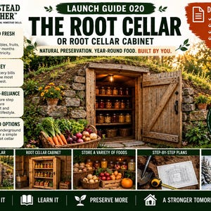 May include: A digital PDF guide titled Launch Guide 020 The Root Cellar or Root Cellar Cabinet. It features an underground stone cellar with wooden doors, shelves of jars, baskets of fresh produce, and technical construction plans.