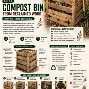 May include: An instructional guide titled The Homestead Launcher #005 for building a compost bin from reclaimed wood. The document features diagrams, a list of materials and tools, and step-by-step instructions for constructing a wooden bin.