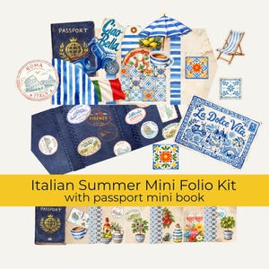 May include: An Italian summer mini folio kit featuring a passport mini book, blue scooter, pizza, coffee, beach umbrella, deck chair, and decorative tiles. The kit includes various travel-themed stickers and illustrations with the text La Dolce Vita.