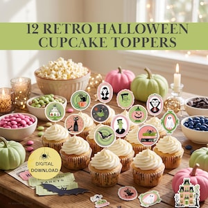 May include: A set of 12 retro Halloween cupcake toppers featuring illustrations of cats, ghosts, witches, and monsters in oval and circular frames. The toppers are displayed on frosted cupcakes alongside bowls of candy and small pumpkins.