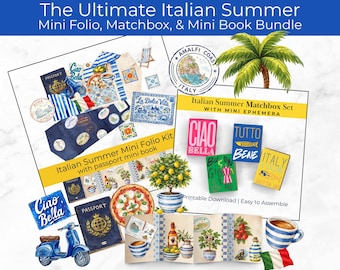 Afdrukbaar Italiaans zomerblad, luciferdoosbundel, plakboekkit geheugenboek, miniboek, mediterraan tijdschrift Ephemera digitaal downloadpakket