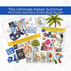 Italian Summer Printable Folio, Matchbox Bundle, Scrapbook Kit Memory Book, Mini Book, Mediterranean Journal Ephemera Digital Download Pack