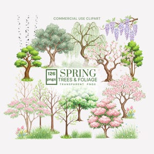 Puede incluir: Una colección de ilustraciones en acuarela con varios árboles y follaje de primavera. La imagen incluye árboles con flores verdes, rosas y blancas, junto con zonas de hierba. El texto dice "SPRING TREES & FOLIAGE" y "COMMERCIAL USE CLIPART".
