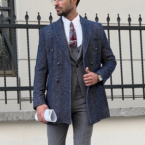 NAVYBLUE MENS COAT, Wool Coat, Patterned Coat, Slimfit Blue Long Coat, Winter Long Coat, Gift For Men, Gift For Him, Long Casual Coats Men