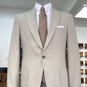 Slim Fit Beige Men Blazer, Slim Fit Wool Blazer, One Button Blazer, Blazer For Men, Wedding Blazer, Party Wear Blazer, Dinner Wear Blazer