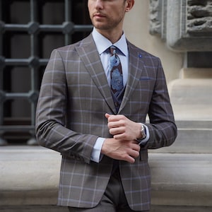 Slim Fit Plaid Brown Men Suit, Wedding Suit, 3 Piece Suit, Party Suit, Dinner Suit, Slim Fit Suits , One Button Suits , Groom&Groomsman Suit