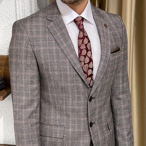 Slim fit plaid gray mens suit, 2 Piece Plaid Wool Suit , Dinner Suit, Wedding Suit, Tuxedo suit, Party Suit, Business Men Quality Gray Suit
