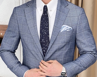 Slim Fit Blue Blazer, Plaid Wool Blue Blazer, Summer Blazer, Men Wedding Blazer, Two Button Blazer, Business Men Blazer, Groomsmen Blazer