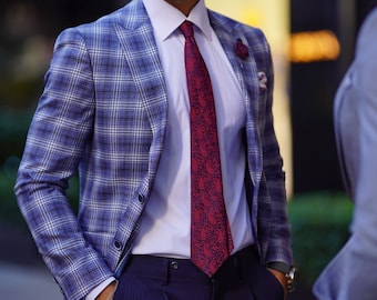 Blue Mens Blazer, Slim Fit Plaid Wool Blazer, Groomsmen Suit Jacket, Men Formal Wedding Clothing, Groom Blazer Wedding, Two Button Blazer