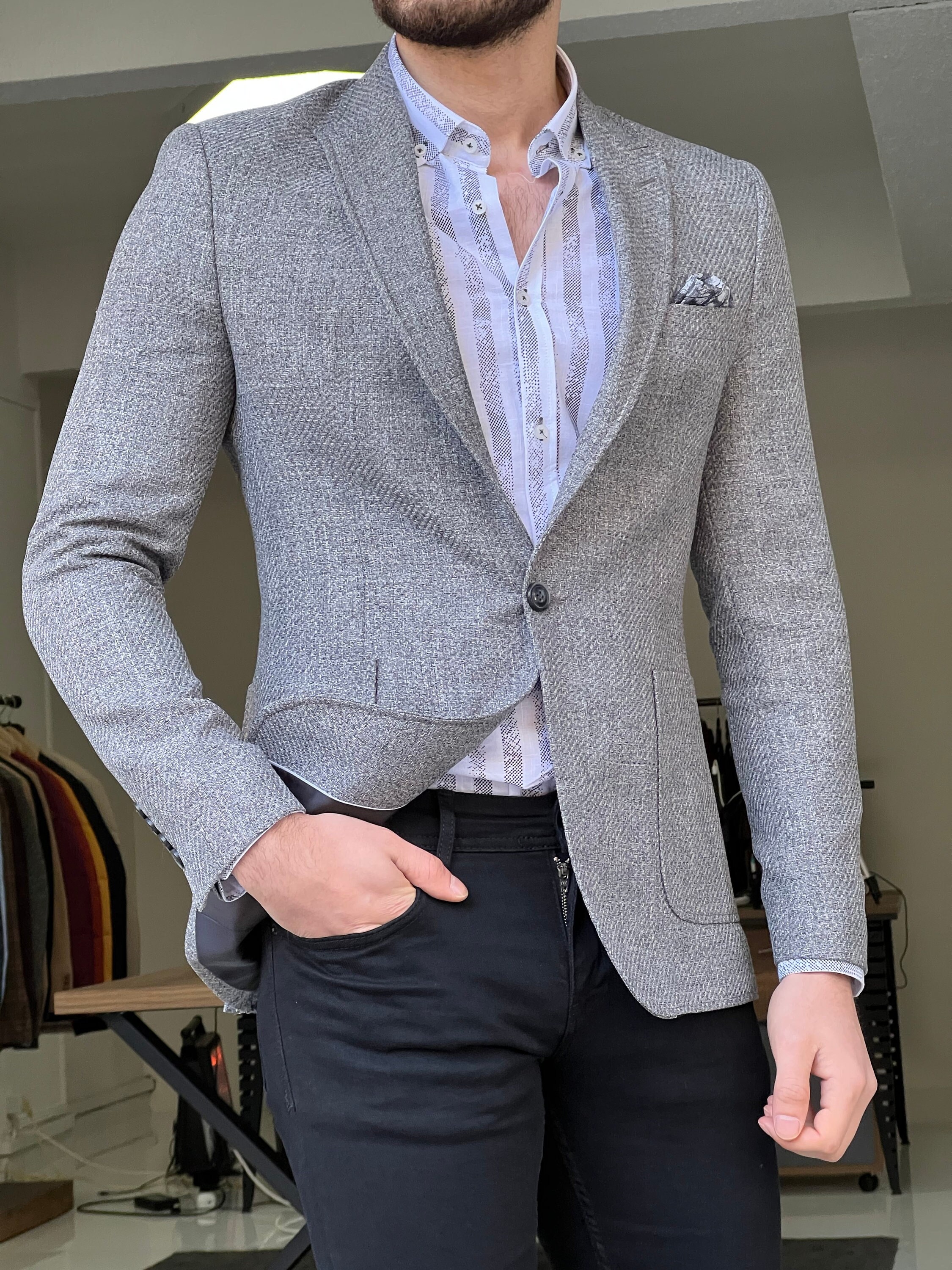 Slim Fit Gray Wool Men Blazer