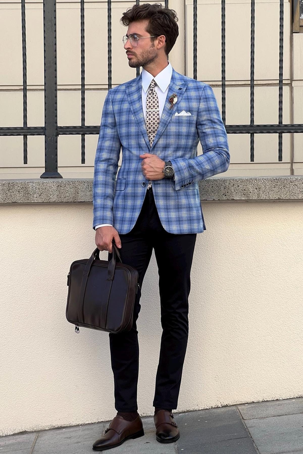 Slim Fit Blue Mens Blazer, Slim Fit Plaid Wool Blazer, Groomsmen Suit Jacket, Men Wedding Clothing, Groom Blazer Wedding, Two Button Blazer