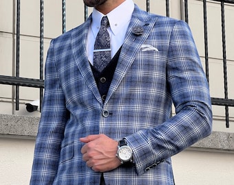 Blue Mens Blazer, Slim Fit Plaid Wool Blazer, Groomsmen Suit Jacket, Men Formal Wedding Clothing, Groom Blazer Wedding, Two Button Blazer
