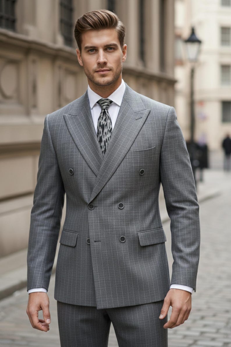 Slim Fit Wool Gray Striped Suit: Pointed Collar, Double Slit, Double ...