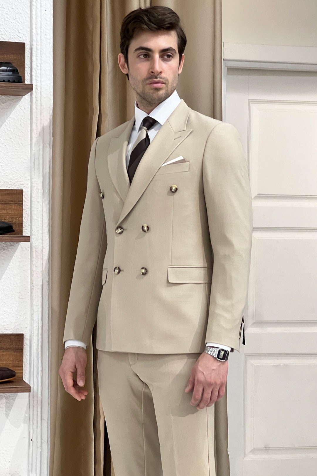 Casual Beige Solid Color Flax Single Breasted 2 Pieces Slim Fit Men's Suit main image 1