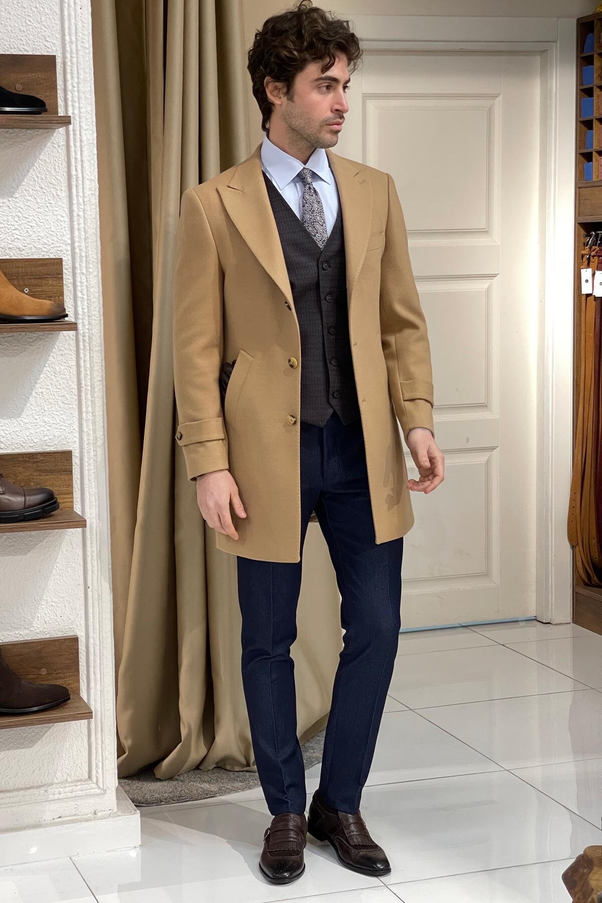 Mens camel coat slim fit sale
