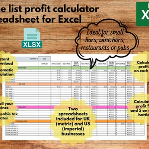 Wine & Spirit Liqour Profit Calculator, Wine Pricing Spreadsheet, Bar Profit Tracker, Excel, Bar, Restaurant, Wine Bar, Pub, UK or US