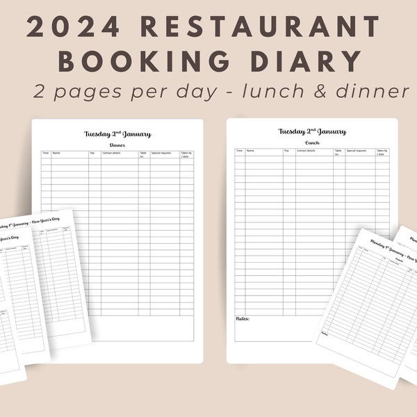 Restaurant Booking Diary 2024, Restaurant Reservation Sheet, A4 Reservations Diary, Table Booking Log, Customer Booking Form