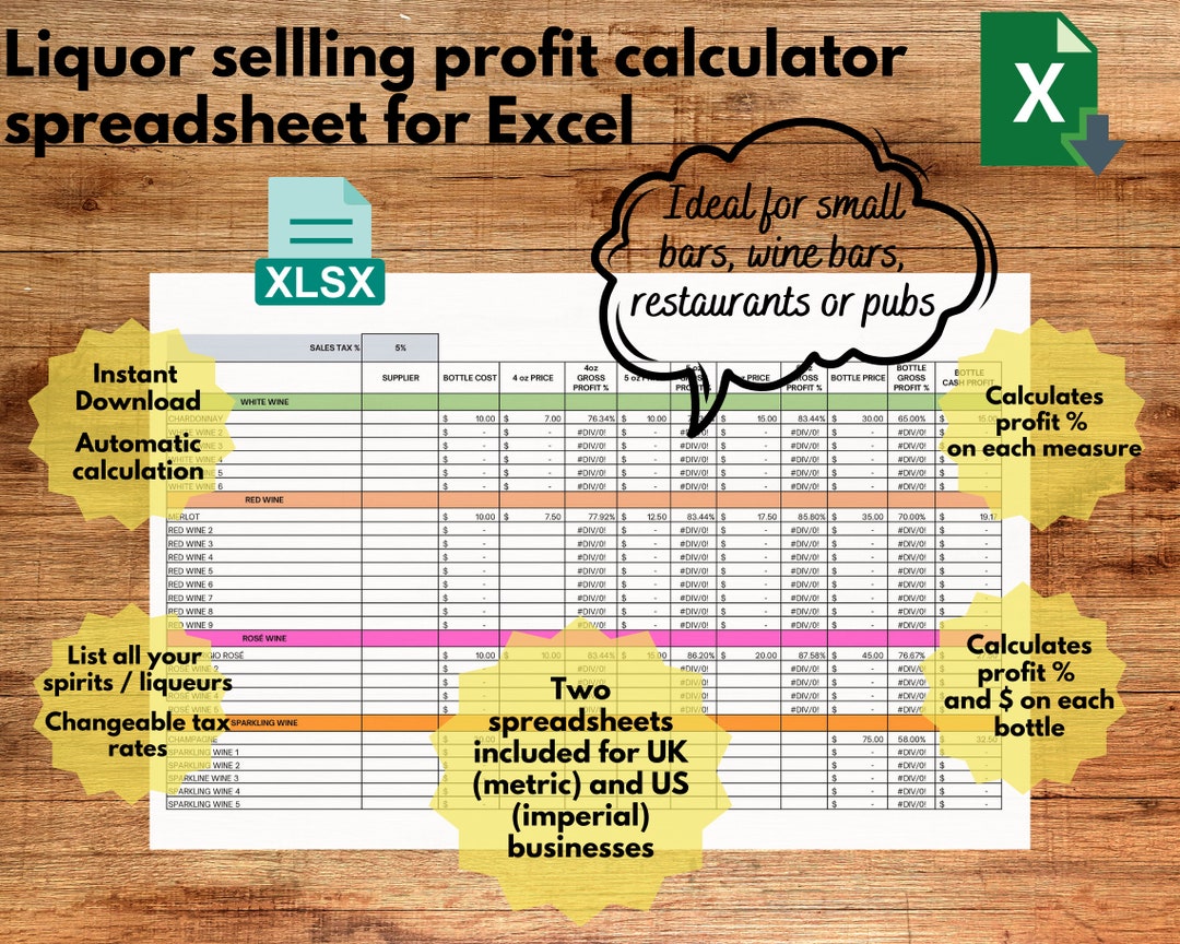 Liquor Spirit Price Profit Calculator, Spirit Pricing Spreadsheet