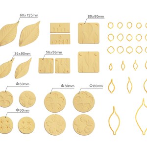 Könnte beinhalten: Eine Sammlung gelber Silikonformen zum Basteln mit verschiedenen Blatt- und Blumenformen. Das Set enthält rechteckige, kreisförmige und blattförmige Formen mit angegebenen Maßen wie 60x125mm, 36x90mm, 56x56mm, 80x80mm sowie 60mm oder 80mm Durchmesser.