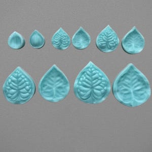 Pode incluir: Uma coleção de dez moldes turquesa em forma de folha, de tamanhos variados, dispostos sobre um fundo cinza. Cada molde apresenta veios detalhados, criando uma aparência realista de folha. Os moldes são provavelmente para artesanato ou decoração.