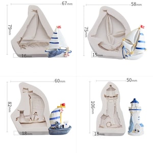 May include: Four silicone molds for making nautical themed cake decorations. The molds are 6.7 cm, 5.8 cm, 6 cm, and 5 cm in size. The molds feature a sailboat, a lighthouse, and a net.