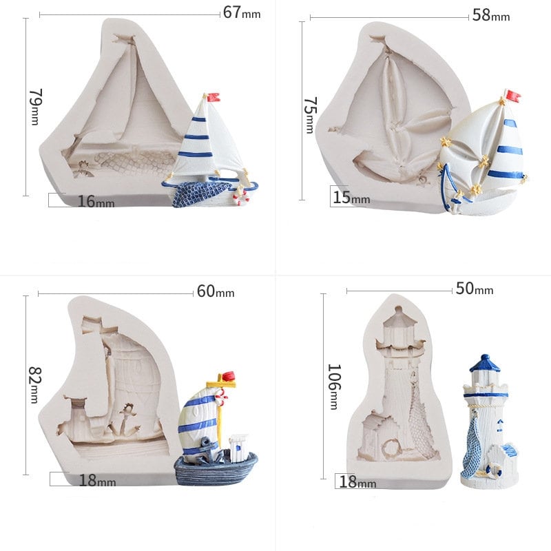 6 Stampi In Silicone 3D A Tema Marittimo - Faro, Barca, Balena, Base - Per Candele, Saponi, Gesso Fai Da Te - 3