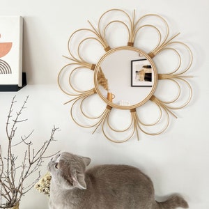round rattan wall mirror 23.6'', boho bamboo decorative wall mirror set for entryway, large wicker cane, small raffia wall hanging mirror