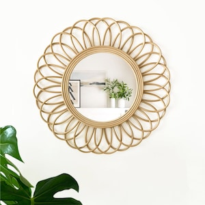 round rattan wall mirror 20.1'', boho bamboo decorative wall mirror set for entryway, large wicker cane, small raffia wall hanging mirror