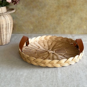 cane rattan webbing tray, rattan food serving tray with handles, wicker round ottoman food tray, woven bamboo tray