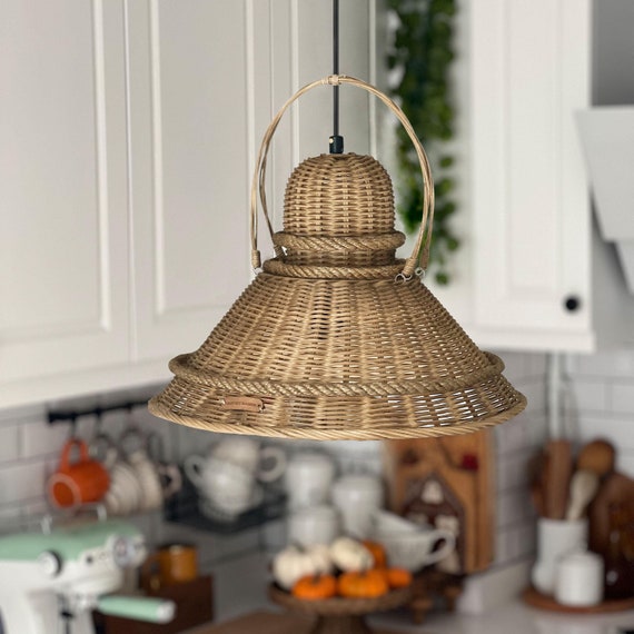 Handwoven Rattan Pendant Light, Wicker Chandelier, Kitchen Island Lighting