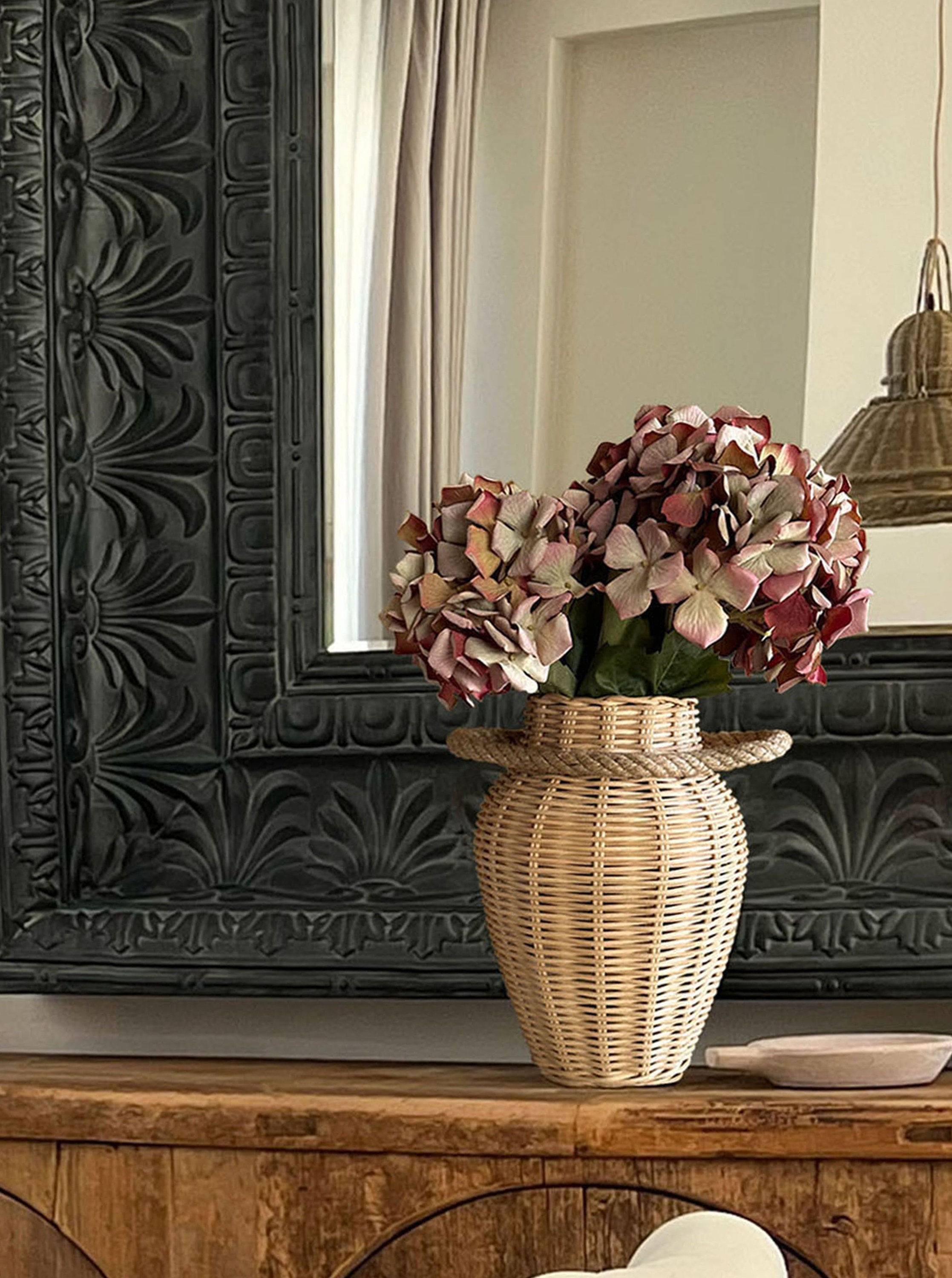 wicker rustic dry flower vase, handwoven unique rattan flower basket, tall minimalist nordic vessel