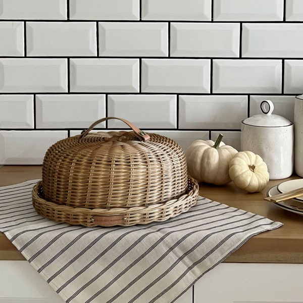 rattan kitchen dome food cover, large vintage wicker picnic basket with lid, handwoven antique storage bread box, antique small cake stand