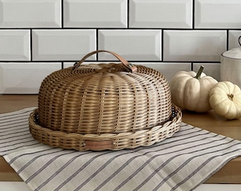 Large Wicker Bread Box with Dome | Handmade Rattan Cake Stand | Rustic Food Cover Basket with Lid | Farmhouse Kitchen Decor