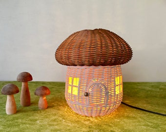 wicker mushroom desk lamp shade, rattan vintage lamp shade, retro wooden bedside night lamp, 10 inch mushroom table lampshade bamboo