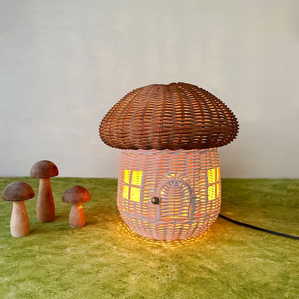 wicker mushroom desk lamp shade, rattan vintage lamp shade, retro wooden bedside night lamp, 10 inch mushroom table lampshade bamboo