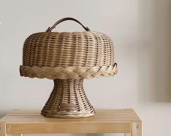 rustic wicker cake pedestal, 12 inch cake stand with dome, rattan woven basket with lid, mini covered smash cupcake holder, Japan pedestal