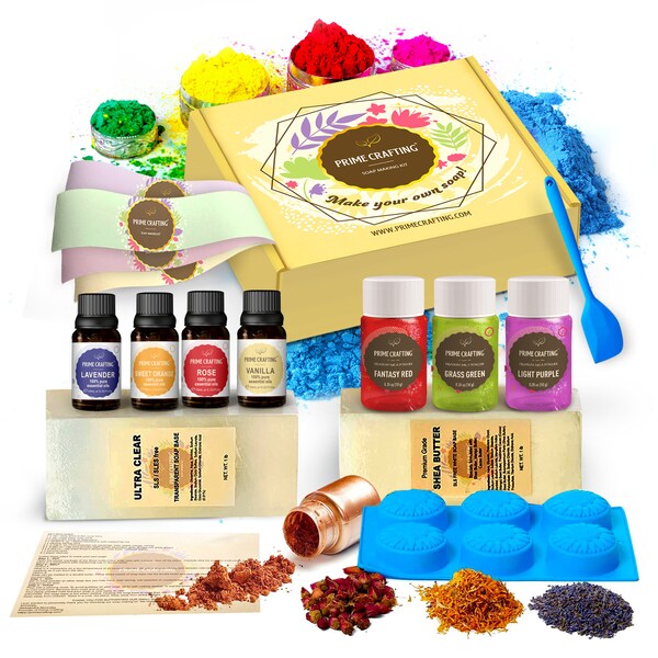 Soap Making Kit - Soap Making Supplies with 1lb Shea Butter Soap Base and 1lb Ultra Clear Soap Base, 4 Mica Powders 4 Essential Oils DIY Set