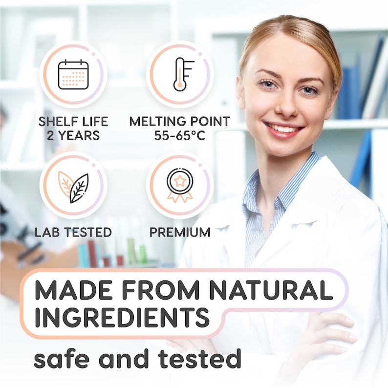 K&ouml;nnte beinhalten: Eine Frau in einem wei&szlig;en Laborkittel steht vor einem wei&szlig;en Hintergrund. Der Text "MADE FROM NATURAL INGREDIENTS" ist in gro&szlig;en, fetten Buchstaben. Unter dem Text steht der Satz "safe and tested". Es gibt vier Symbole mit Text: "SHELF LIFE 2 YEARS", "MELTING POINT 55-65&deg;C", "LAB TESTED" und "PREMIUM".