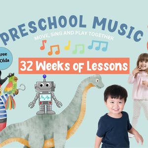 Puede incluir: Una ilustración colorida para un programa de música preescolar. El texto dice "Música preescolar" y "32 semanas de lecciones". Hay ilustraciones de un pirata, un robot, un dinosaurio, un cohete y niños.